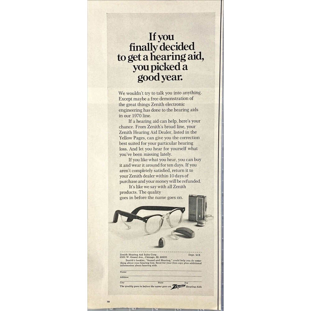 Zenith Hearing Aids "If a hearing aid can help-here's your chance" Print Ad 1970